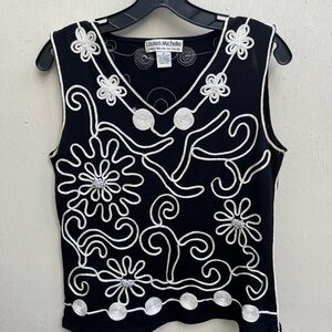 Lauren Michelle Black Tank Top with White Beaded Floral Embroidery